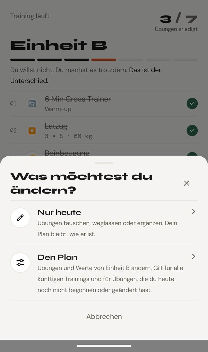 Auswahl im Training: Nur heute anpassen oder den Plan bearbeiten