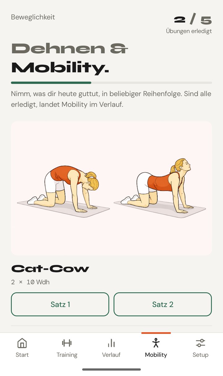 Mobility: Dehnübung Cat-Cow mit Bild und zwei Satz-Knöpfen