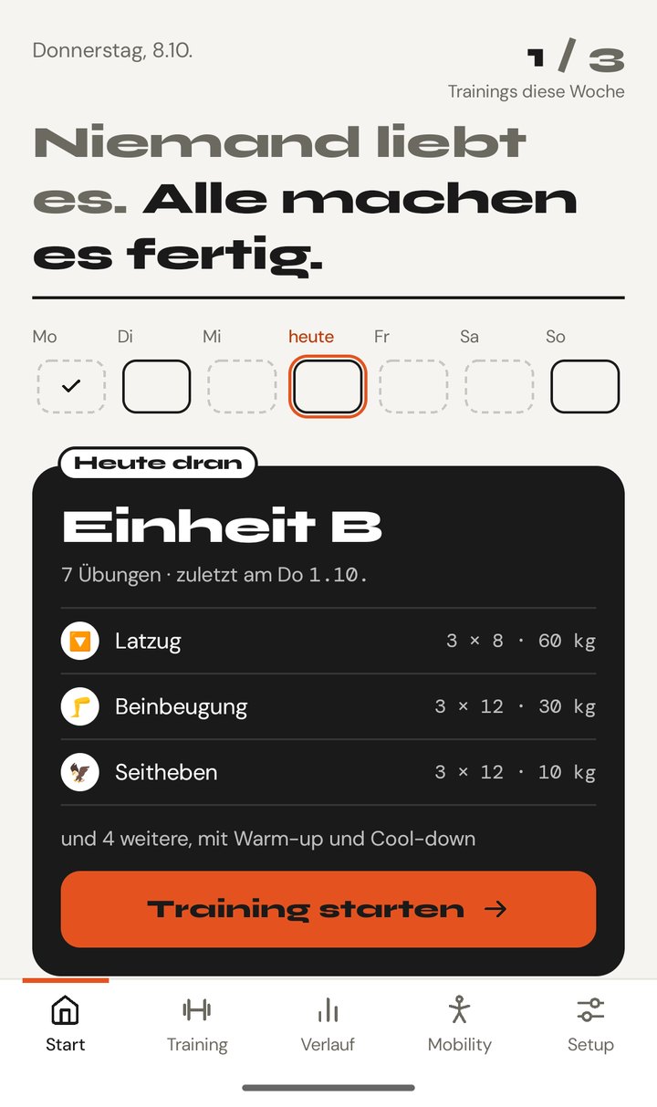 Startseite von VOLT: Wochenleiste mit drei Trainingstagen, darunter die dunkle Karte „Heute dran“ mit Einheit B und dem Knopf „Training starten“