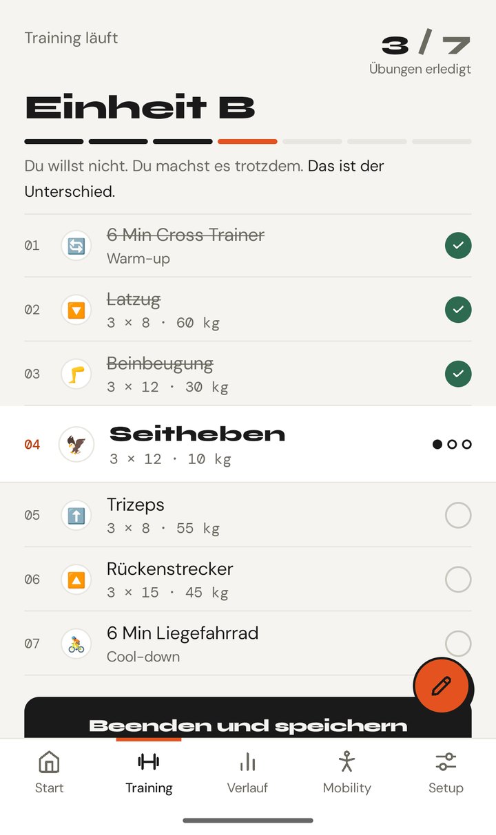 Laufendes Training Einheit B: drei Übungen abgehakt, Seitheben ist als nächste Übung hervorgehoben