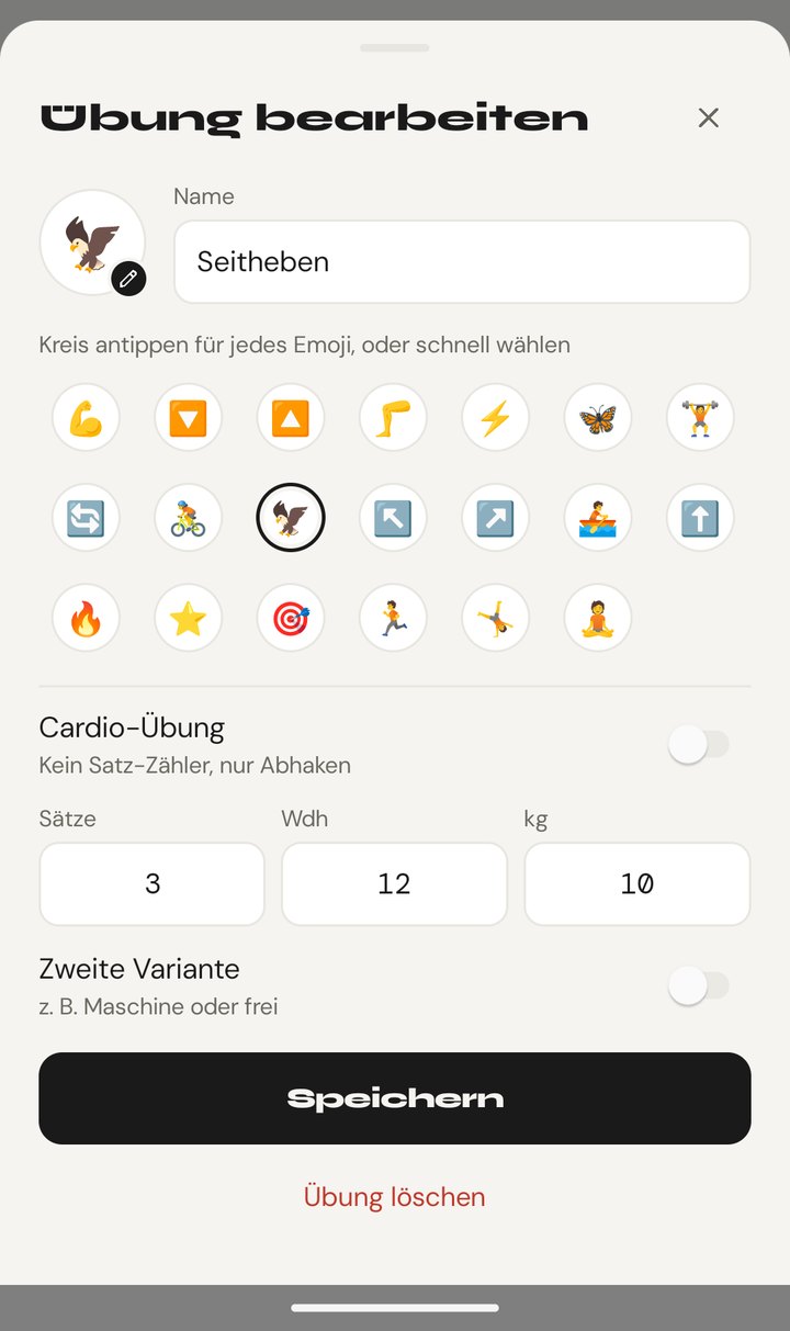 Übung bearbeiten: Name, Emoji-Auswahl, Sätze, Wiederholungen und Gewicht